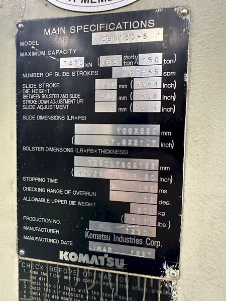 165 TON KOMATSU OBS GAP FRAME STAMPING PRESS