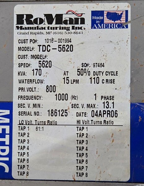 RoMan Manufacturing TDC-5620 800V 170KVA RESISTANCE WELDING TRANSFORMER USED