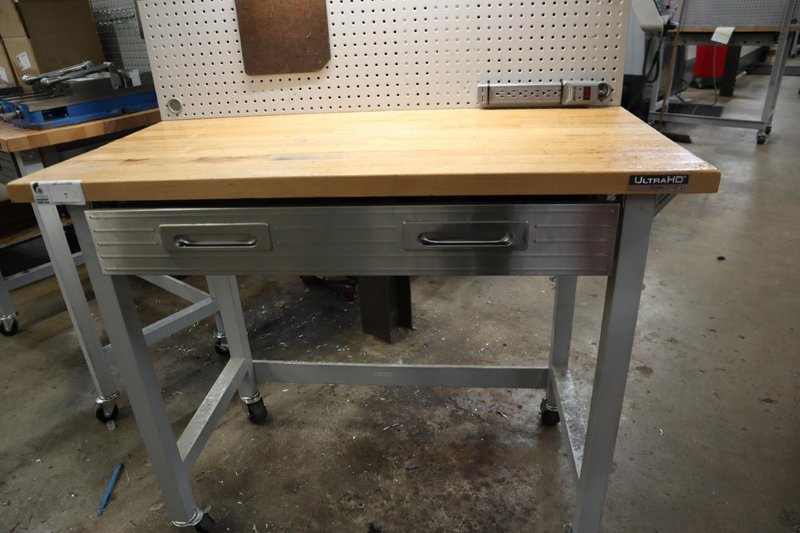Portable Work Bench with Maple Top, Upper Shelf, Drawer, Work light- Auction Item
