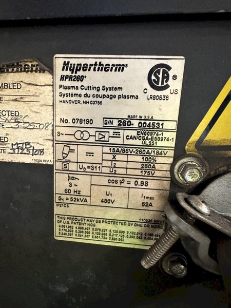 HYPERTHERM MODEL #HPR260 PLASMA POWER UNIT: STOCK #19247