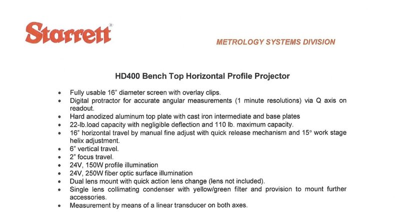16" STARRETT Model HD400 Bench Top Optical Comparator, S/N 20573.