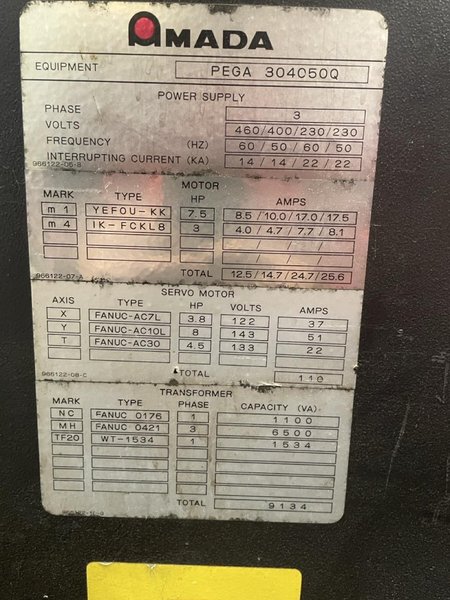 30 Ton Amada Pega 304050Q Turret Punch Press, 1989 – 56 Station, 40″x100″ Sheet, Tooling Included