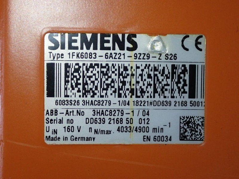 SIEMENS SERVO MOTOR  -  1FK6083-6AZ21-9ZZ9-Z S26
