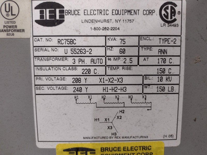 75 KVA 280Y &lt;--&gt; 240Y BRUCE ELECTRIC 3 PHASE TRANSFORMER: STOCK #20199
