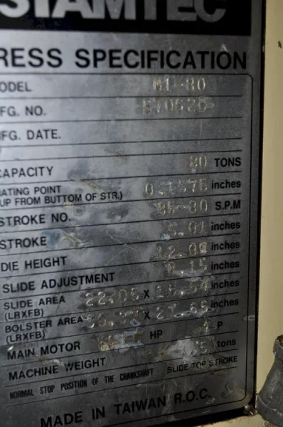 STAMTEC 88 TON GAP FRAME PRESS, S/N S70625, STOCK# 14172J