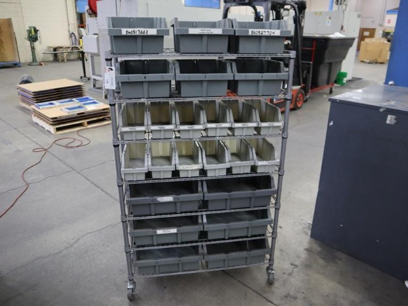 Rolling Wire Rack, (7) Shelves with Plastic Bins 36"x14"x55"- Auction Item