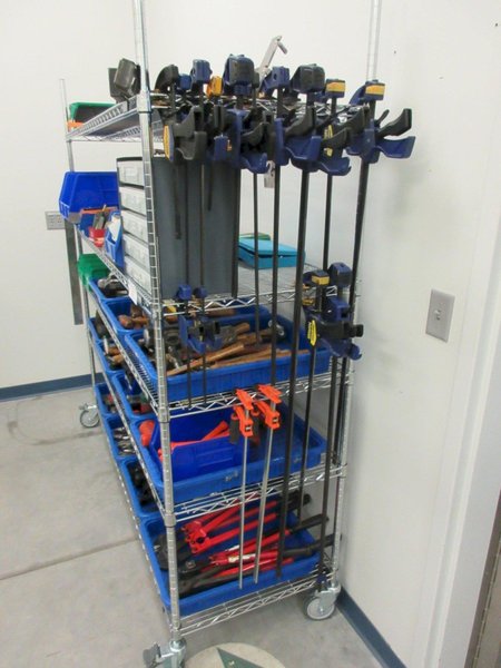 Hand Tools, Large Assortment Including Bolt Cutters, Clamps Tap and Dies, Bubble Levels, Hammers, Pipe Wrenches and More on Uline 5-Shelf 72" x 24" x 78" Metal Wire Rolling Cart- Auction Item