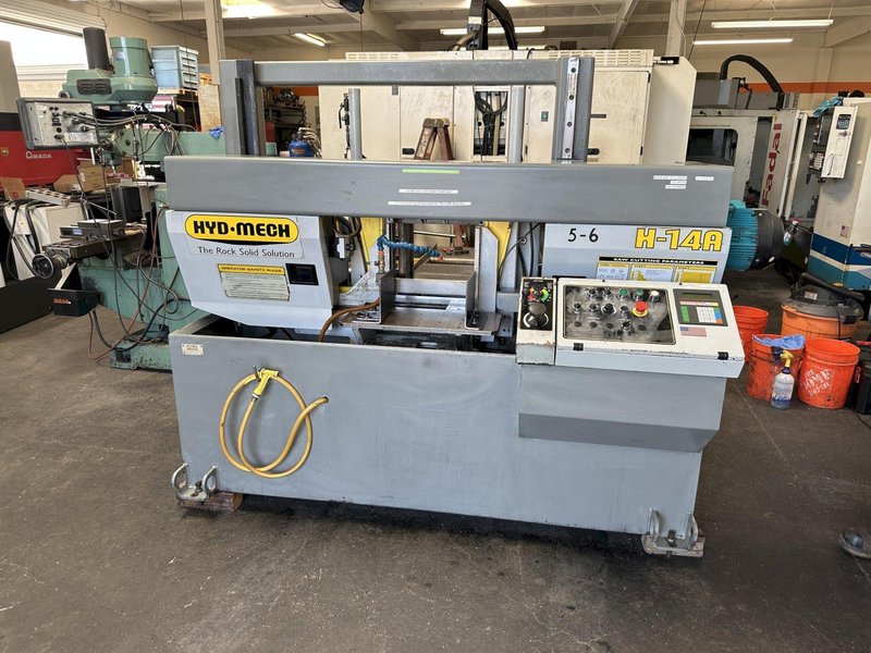 HYD-MECH H-14A 14” x 14” Automatic Horizontal Band Saw Equipped with Programmable PLC for Automatic or Manual Operations, Chip auger, Work Light, Built in Coolant Tank &amp; Pump, Auxiliary Roller Table