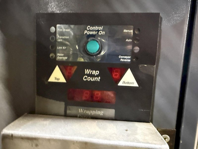 50" x 48" x 92" HIGH LANTECH QL AUTOMATIC SHRINK WRAPPER WITH IN-FEED &amp; OUT-FEED CONEYOR. STOCK # 0980426