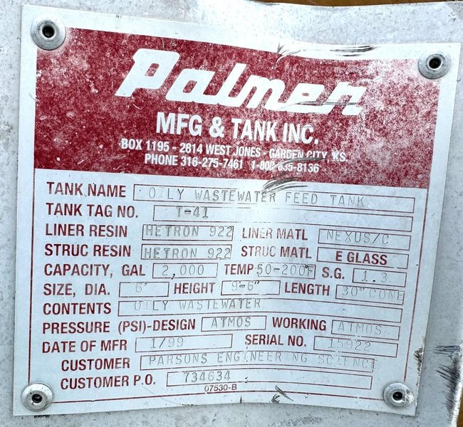 2000 Gallon Palmer Fiberglass Tank