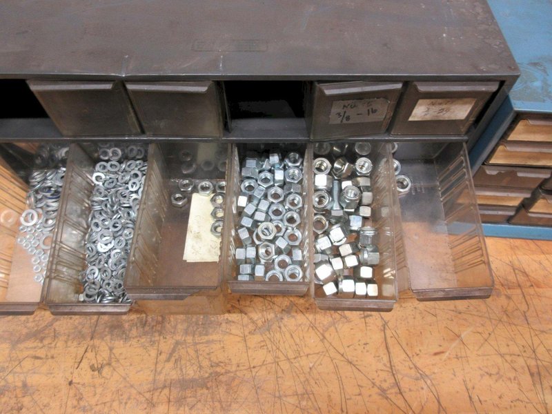 Multibin Organizers with Contents of Brass Fittings, and SAE Nuts- Auction Item