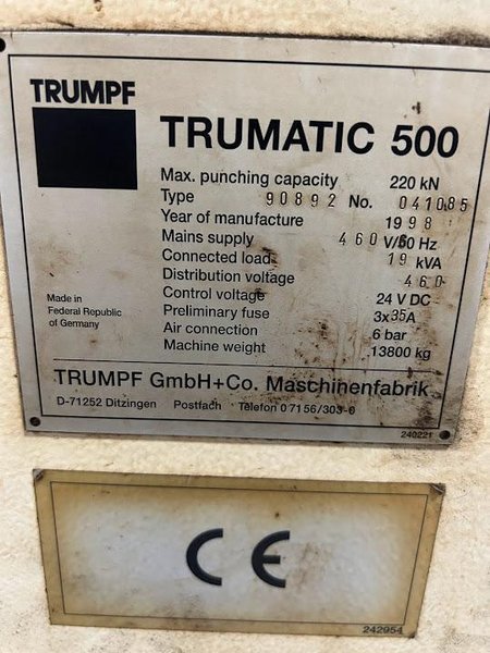 22 TON TRUMPF MODEL #TRUMATIC 500 CC ROTARY TURRET PUNCH: STOCK #19566