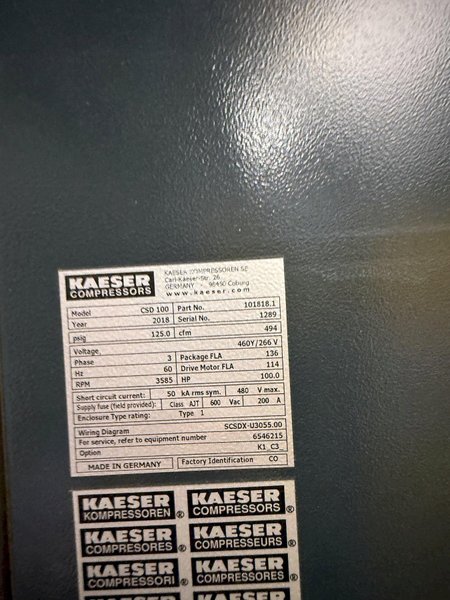 2018 Kaeser model CSD 100 sigma air cooled air compressor s/n 1289, 100 hp, 494 cfm, 11,545 run hours, 8,351 load hours