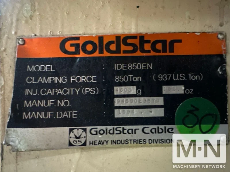937 Ton 162.26 Oz Goldstar IDE850EN Injection Molding Machine, 1994