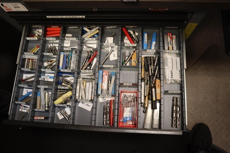 Huot 8 Drawer Tool Cabinet with Contents: Carbide End Mills, HSS End Mills, Lathe Turning Tools and More- Auction Item