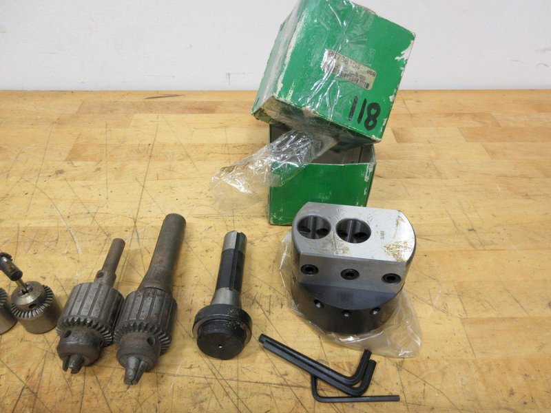 R8 Tool Holders, (1) Valu-Bore Offset Boring Head 4" x 1", (1) Jacobs #32 Keyed Chuck, (2) Bridgeport 2J Draw Bars *New and Used*,  (2) Jacobs 7B Keyed Chucks- Auction Item