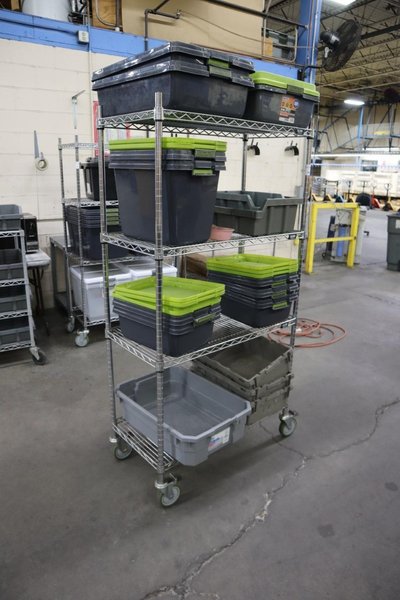 Uline Wire Rack Cart with 4 Shelves and Plastic Totes- Auction Item