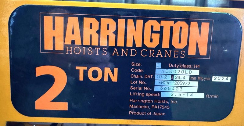 2 Ton Harrington Electric Chain Hoist, Power Trolley, New-Unused