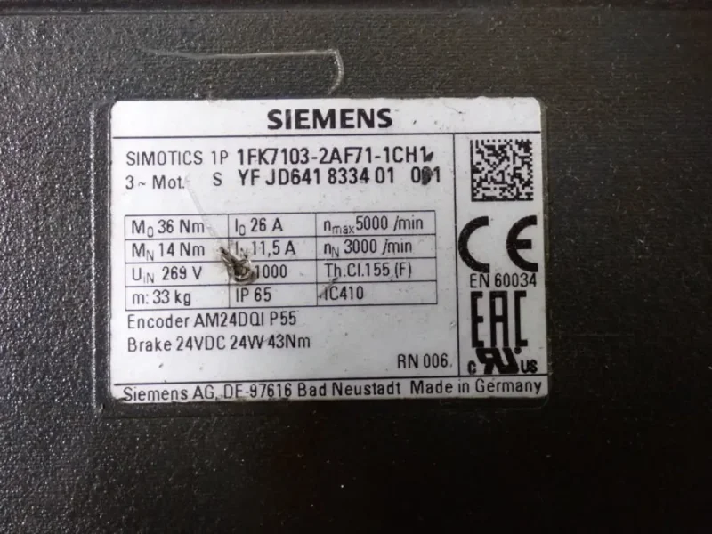 SIEMENS 5000 RPM SERVO MOTOR  -  1FK7103-2AF71-KH1