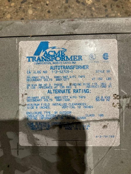 ACME TRANSFORMER T-2-52705-1 600Y/347 W/FC USED