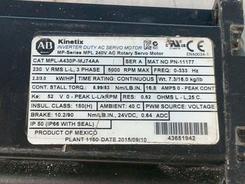 ALLEN BRADLEY 3 HP SERIES A KINETIX INVERTER DUTY AC SERVO MOTOR   -  MPL-A430P-MJ474AA