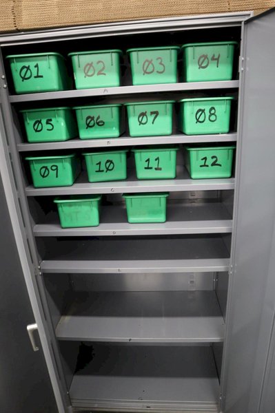 Metal 2 Door Heavy Duty Storage Cabinets (2 Units) with Adjustable Shelves and Contents of Plastic Bins and Parts- Auction Item