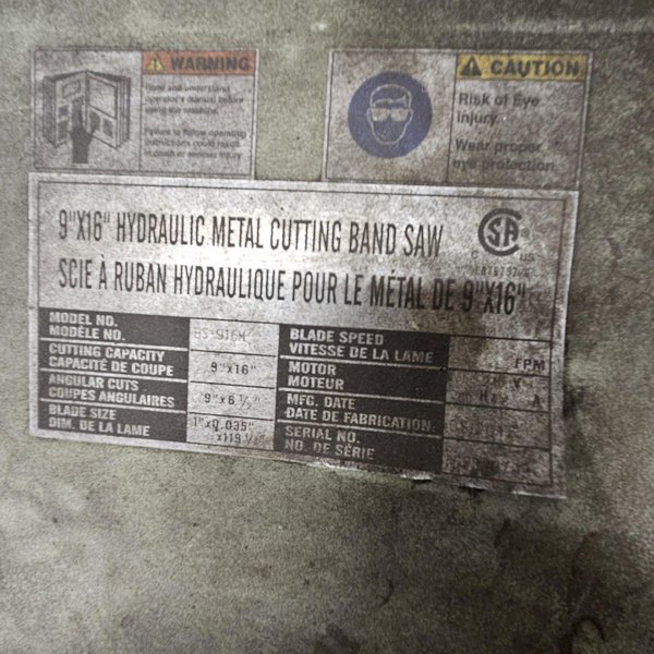 9" X 16" BAILEGH BS-916M HORIZONTAL BANDSAW. STOCK # 0560825.