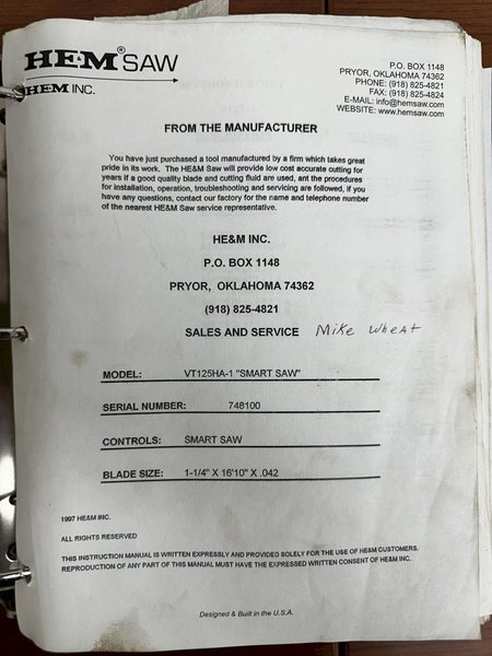 20" x 24" HEM MODEL #VT-125HA-1-SS SMART-SAW AUTOMATIC VERTICAL BAND SAW WITH NESTING: YOBRO #24105