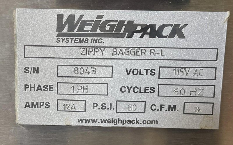 (A) WEIGHPACK Complete Set: Zippy Bagger R-L, Primolinear Scale V-5 2L/3P, Infeed Conveyor, Floor Hopper