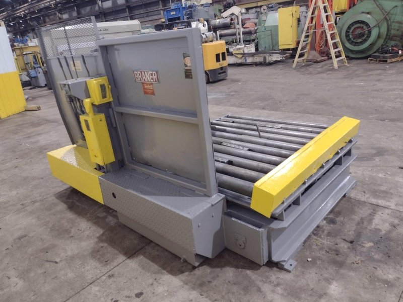20,000 LBS X 54" X 36" BRANER HYDRAULIC COIL CAR UPENDER WITH POWER FEED CONVEYOR: YOBRO #25238