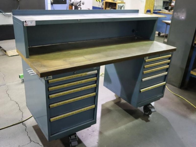Lista Cabinet Base Work Bench, Maple Top, Portable on Caster, (10) Drawer, Upper Shelf - With Cutting Tool Contents- Auction Item