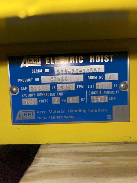 Wright 10 ton electric hoist Model C3W10D036-15M4D1 s/n 533-20-10550, drum# 4, 15/5 fpm, 38' lift, 460 volt, wth pendent controls
