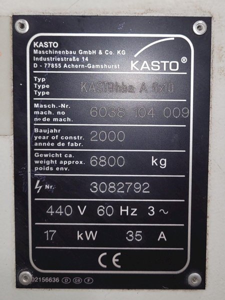 26" X 41" KASTO HBA-A6X10 FULLY AUTOMATIC HORIZONTAL BAND SAW TYPE HBA660/1060AU