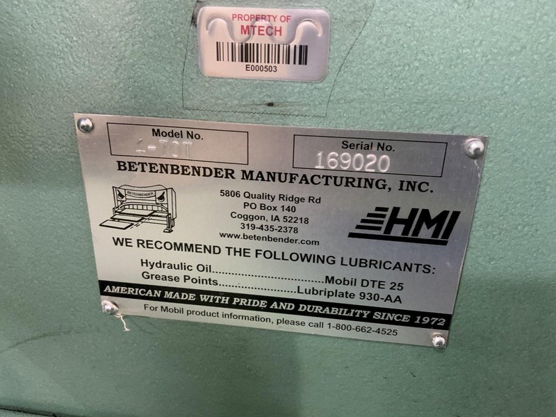 70 TON X 4' BETENBENDER MODEL: 4-70T HYDRAULIC PRESS BRAKE: STOCK #81331