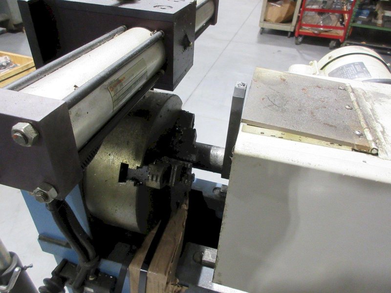 J.F. Berns Chamfering Machine - 3″ Round Cap, 2 HP, Air/Manual Chuck, 9.5&quot; 3-Jaw Chuck W/ Adjustable Height Roller Stand- Auction Item
