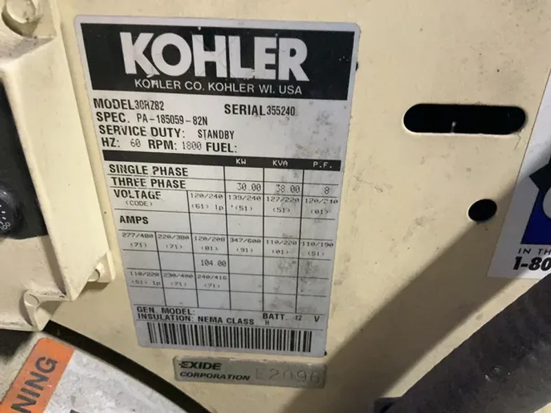 KOHLER 30 KW DIESEL GENERATOR   -  30RZ82