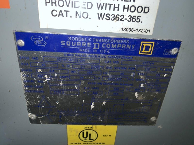 45 KVA SQUARE D 480 TO 480Y/277 VOLT ELECTRICAL TRANSFORMER : STOCK #11921