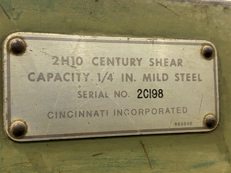 10&#039; x 1/4&quot; CINCINNATI MODEL #2H10 HYDRAULIC POWER SHEAR: STOCK #22535