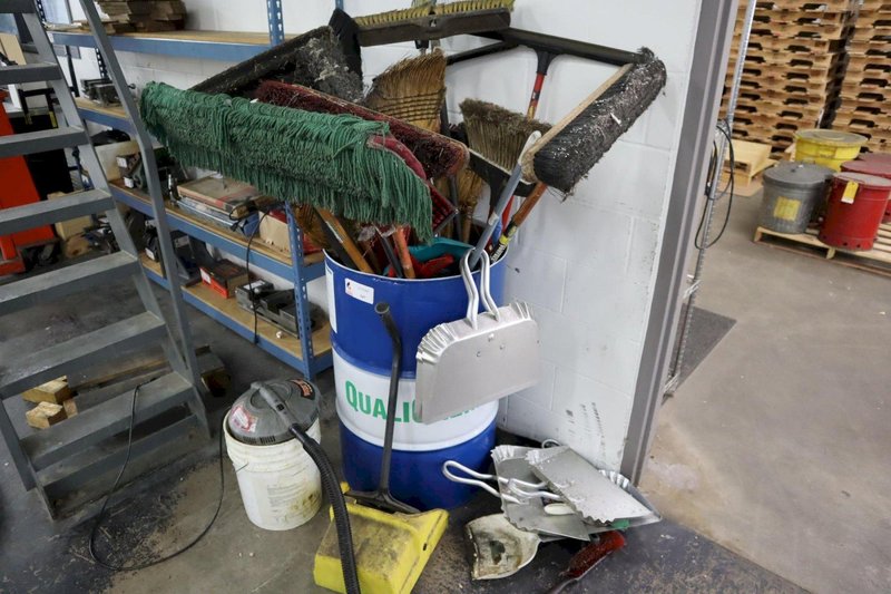 Drum of Cleaning Tools, Brooms, Squeegees, Dust Pans, Bucket Vac- Auction Item