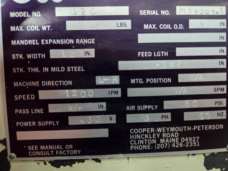 CWP Powered Coil Straightener For Sale 12&quot; Wide Model 12C