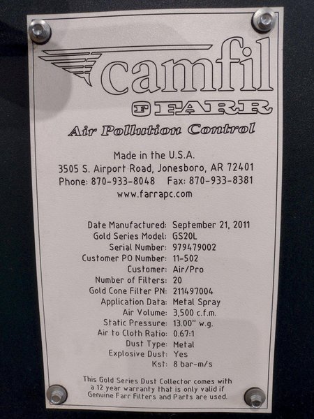 17,500 CFM (2011) FARR CAMFIL MODEL #GS20L GOLD SERIES DUST COLLECTOR SYSTEM: STOCK #16724