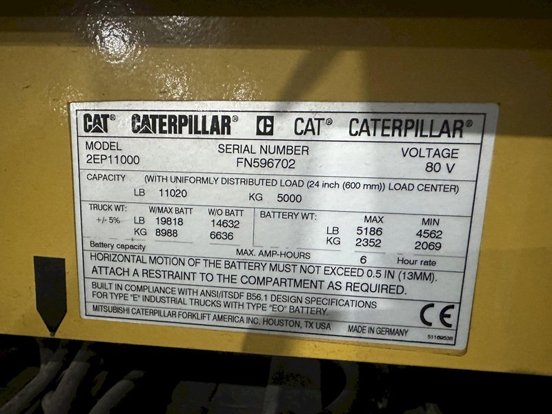 11,000 LBS CAT MODEL #2ET11000 ELECTRIC FORKLIFT, NEW 2019: STOCK #22687