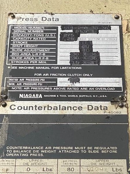 275 TON NIAGARA MODEL #SC1-250-30-36 SSSC PRESS WITH 8" STROKE (1991): STOCK 15110