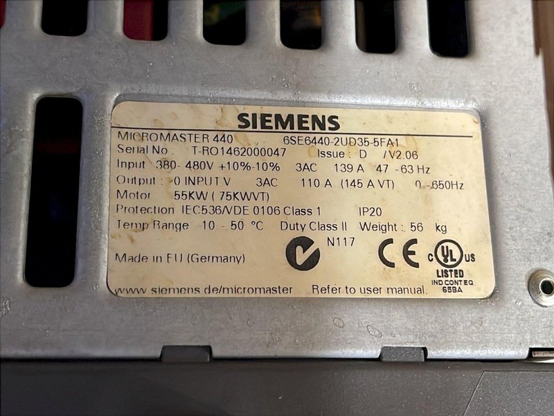 SIEMENS 55 KW MICROMASTER 440 FREQUENCY CONVERTER  -  6SE6440-2UD35-5FA1