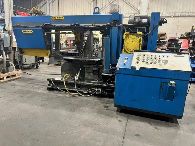 USED HYD-MECH MODEL S-35P SEMI-AUTOMATIC HORIZONTAL MITERING BANDSAW COMPLETE WITH 90' OF POWERED ROLLER CONVEYOR, Year: 1997