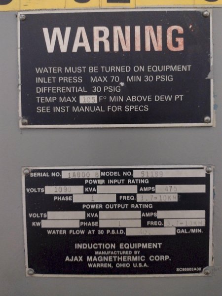 250 KW AJAX TOCCO &quot;PACER&quot; INDUCTION HARDENING SCANNER SYSTEM WITH MAGNESCAN QS CONTROLS: STOCK #16063