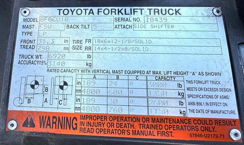 3000 Lb. Toyota Forklift 8FGCU18, Triple Stage Mast, Cushion Tire, LP Gas, Side Shift