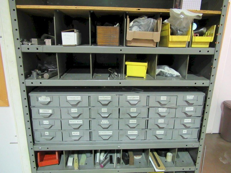 Metal Shelving Unit with Contents including Hardware, Threaded Rod and MORE- Auction Item