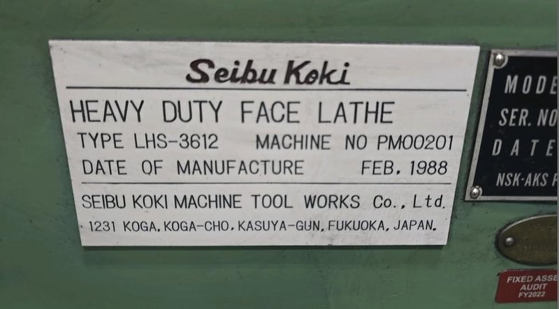 1 - PREOWNED SEIBU KOKI HEAVY DUTY FACE LATHE, MODEL #: LHS-3612, S/N: PM00201