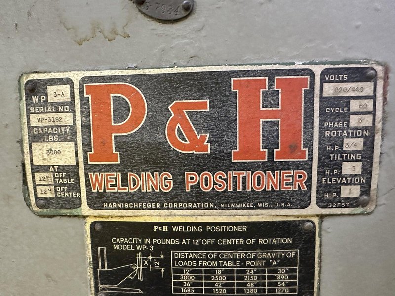 3,000 LB P&amp;H MODEL #WP3A POWER ELEVATING WELDING POSITIONER WITH PANDJIRIS GRIPPER: STOCK #19502